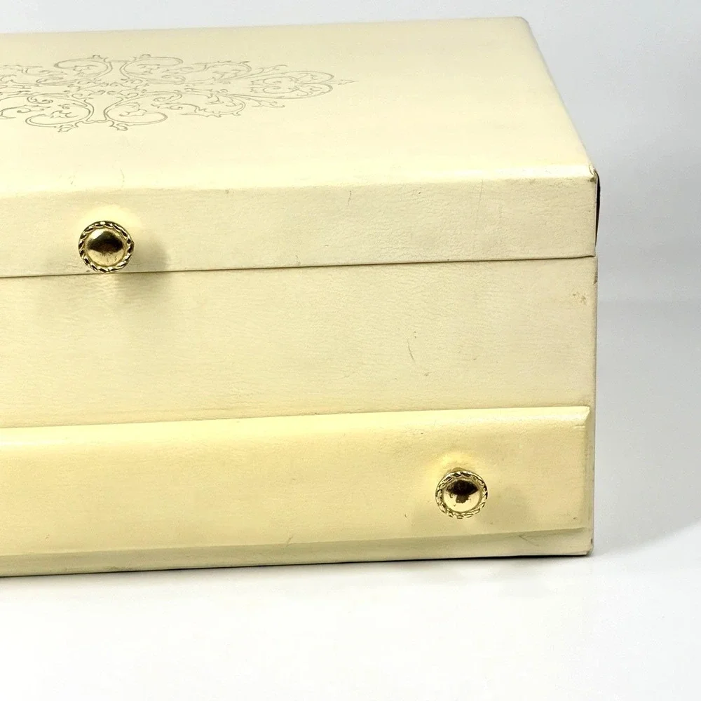 Vintage Jewelry Box Ivory Gold 3 Tier w/ Drawer Red Velvet Satin Lining 12x8